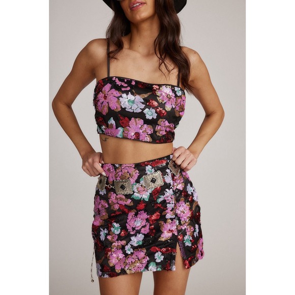 12th Tribe Dresses & Skirts - 12th Tribe Black Sequin Floral Crop Top & Mini Skirt Set